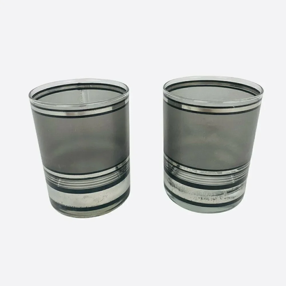 Vintage MCM Culver Silver Stripe Glass Set of 2 Bar Whiskey Loball Hiball Pair